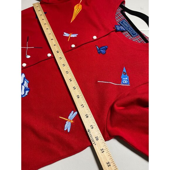 Karen Scott Red Golf Button Up Cardigan Medium Novelty Embroidered Long sleeve - Picture 4 of 16